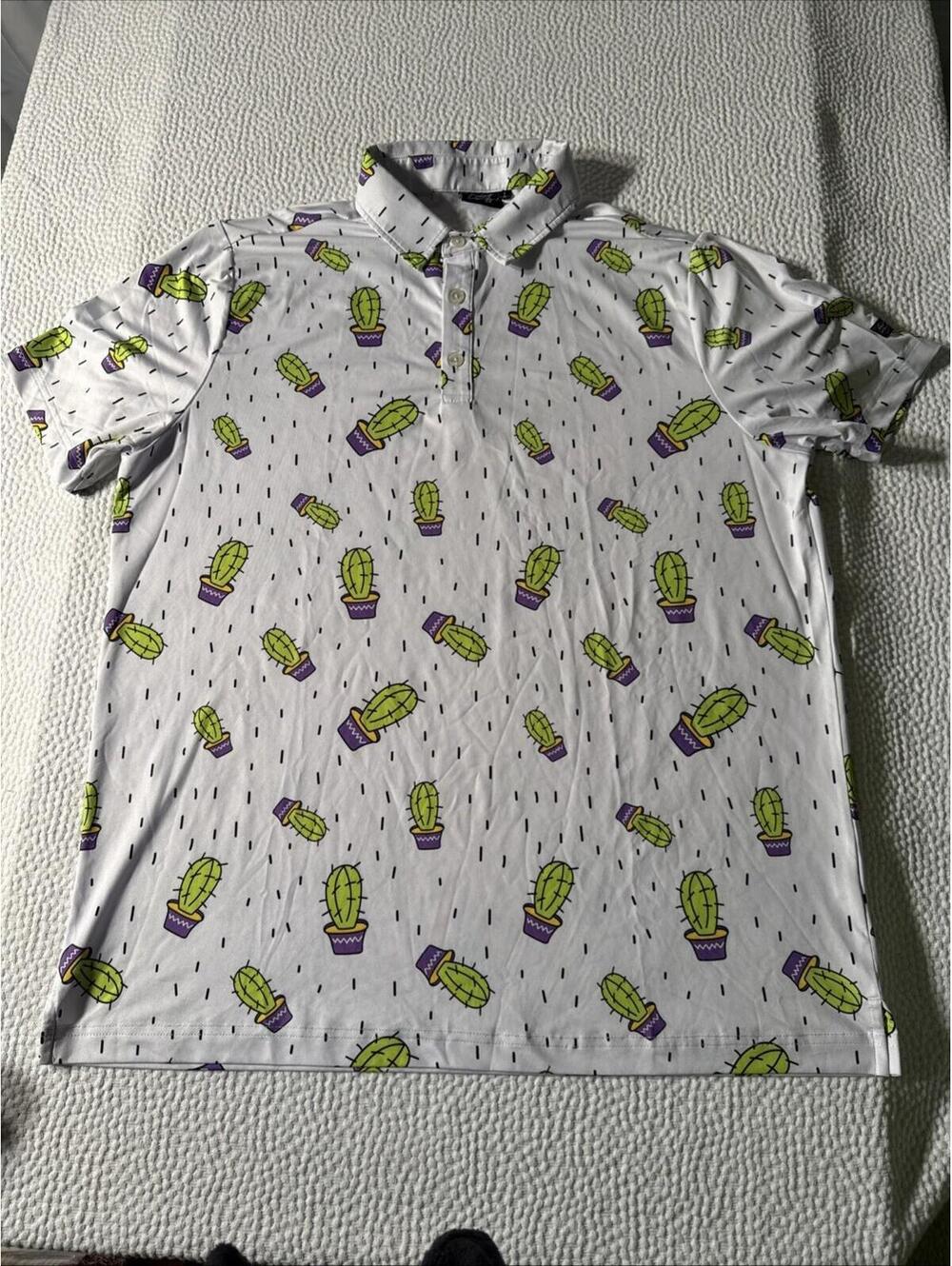 Sunday Swagger Polo Shirt Mens Large White Cactus Print Golf Performance Tech
